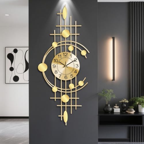 Wall Clock for Living Room, Silent Quality Quartz Battery Operated, Golden Metal Decorative Large Wall Clock for Kitchen,Home,Bathroom,Bedroom Home Decor,14.6x36.3inch by DankeitProduct