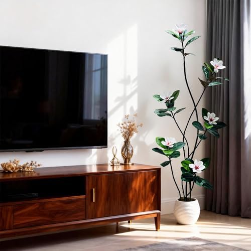 7FT Tall Lifelike Artificial Magnolia Tree with 6 Pcs Magnolia Flowers in White Planter Pot, Rubber Tree Faux Plants Indoor Artificial Plants & Flowers for Home Office Living Room Decor - Image 5