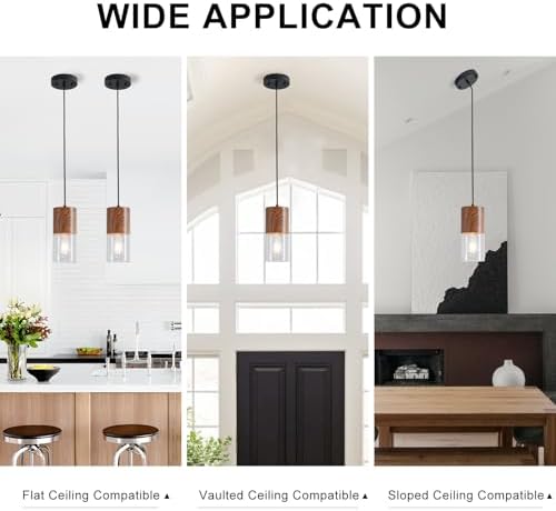 2-Pack Modern Pendant Lights for Kitchen Island, Adjustable Pendant Light Fixtures with Brown Wood Grain, Industrial Clear Glass Pendant Lights for Dining Table Hallway Bedroom Living Room - Image 5