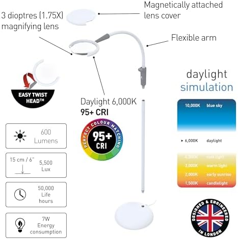 Daylight Company - Magnificent Pro - Magnifying lamp, Bright 6,000K Daylight LEDs, CRI 95+, 3 in 1 Lamp, 1.75X semi-Rimless Lens, Lumens: 600, White - Image 2
