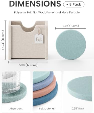 Fluxynara Felt Coasters with Holder, Set of 8 for Drinks, Coastal Haze - Image 2
