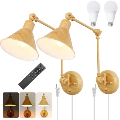 TRLIFE Dimmable Wall Sconce, Remote Control Plug in Wall Sconce Dimming 10%-100% and Adjustable Color Temperature 2700K-6000K, Swing Arm Wall Lights with Plug in Cord, UL Listed(2 Pack, Oak Color) by TRLIFE