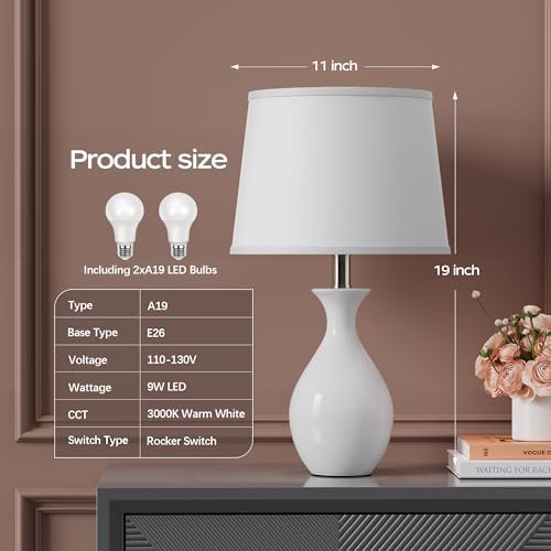 PARTPHONER Table Lamp Set of 2, Modern Ceramic Bedside Lamps for Night Stands, Classic Small Lamp Nightstand Lamp for Bedroom Living Room Desk End Table Rocker Swtich White - Image 2