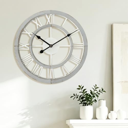 16 Inch Rustic Wall Clock Silent Non-Ticking Wooden Wall Clocks with Roman Numerals Farmhouse Decorative Clock for Living Room Bedroom Office (Grey) by BlueprintIvy