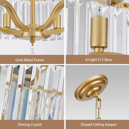 6-Light Crystal Gold Chandeliers for Dining Room 22 Inch Modern Farmhouse Chandelier Large Pendant Lighting Fixture Round Hanging Lamp for Living Room Kitchen Island Hallway Bedroom Foyer Hall - Image 6