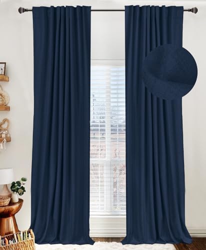Faux Linen Total Blackout Curtains for Bedroom 90 Inch Long Midnight Blue by 100BlackoutShield