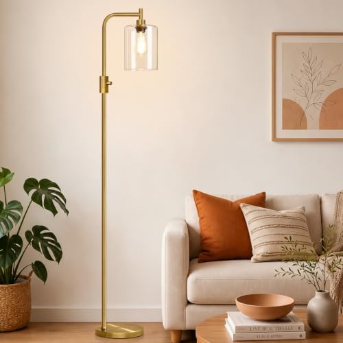 【Upgraded】 Dimmable Floor Lamp for Living Room with Clear Glass Lampshade, Brass Modern Glass Floor Lamp with 900LM LED Bulb Included, Arc Standing Tall Lamp for Bedroom, Office, Reading Room, Corner by Yemela