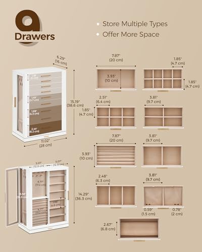 Glimmloop 360° Rotating Jewelry Box with 9 Drawers, Spacious Vertical Jewelry Organizer with Glass Window, Jewelry Storage Case, Dustproof & Moisture-resistant Design, White - Image 5