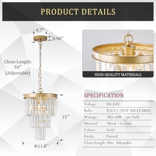 CATINER 12" Modern Crystal Chandeliers,3 Lights Gold Round Light Fixture - Image 2