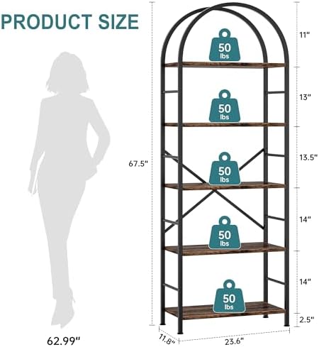 Shintenchi Bookshelf, Arched Bookshelf 5 Tier Bookcase, Tall Shelf for CDs/Books, Home Office Shelf Storage Organizer, Modern Book Shelf for Bedroom/Living Room, Brown - Image 3