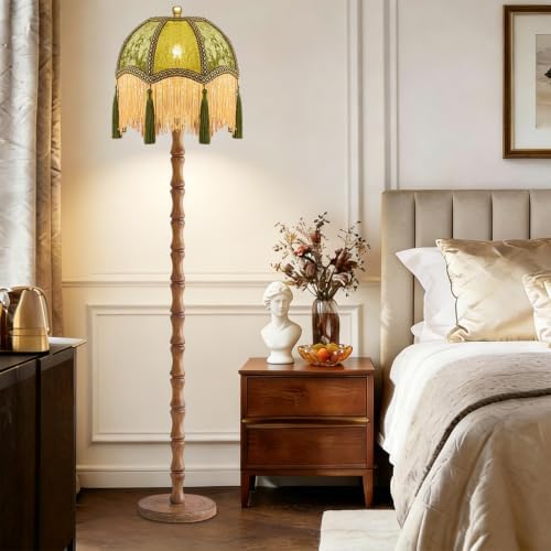 Vintage Floor Lamp For Living Room,Remote Dimmable Wood LED Standing Lamps With Victorian Fringe Green,Retro Corner Tall Lamp Floor Light For Bedroom,Office,Boho Farmhouse Nursery Rustic Decor - Image 7