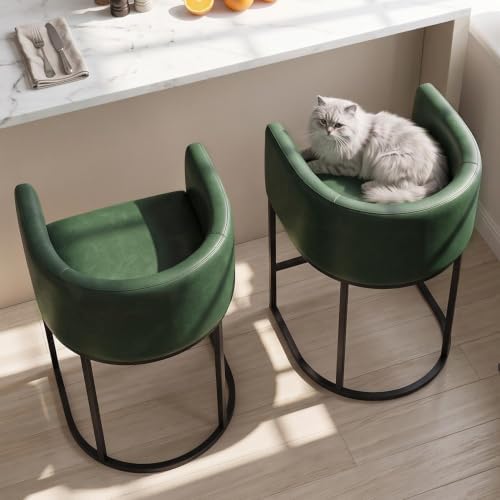 26" H Counter Height Bar Stools Set of 1, Modern Barrel Counter Stools with Backrest and Arms, Faux Leather Upholstered Accent Barstools for Kitchen Island,Support 450 LBS (Green) - Image 3