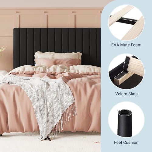 Allewie Twin Bed Frame, Velvet Upholstered Platform Bed with Adjustable Vertical Channel Tufted Headboard, Mattress Foundation with Strong Wooden Slats, Box Spring Optional, Easy Assembly, Black - Image 7