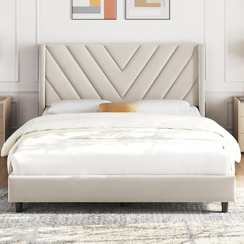 Yaheetech Full Bed Frame with Chevron Channel-Tufted Headboard, Beige by Yaheetech
