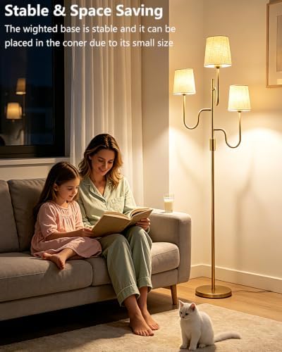 Lightdot 68IN Gold Floor Lamp Dimmable 3-Lights LED Floor Lamps with Cone Fabric Shade& Warm White Bulb for Wedding/Party 3-Arm Standing Tall Lamp for Living Room/Bedroom/Sofa Beside/Corner Decor - Image 3