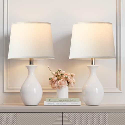 PARTPHONER Table Lamp Set of 2, Modern Ceramic Bedside Lamps for Night Stands, Classic Small Lamp Nightstand Lamp for Bedroom Living Room Desk End Table Rocker Swtich White by PARTPHONER