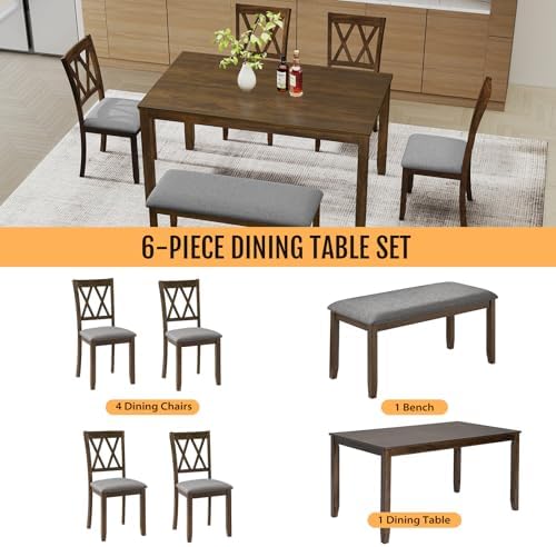 Zevemomo 6-Piece Solid Wood Dining Table Set, for Dining Room, Walnut - Image 4