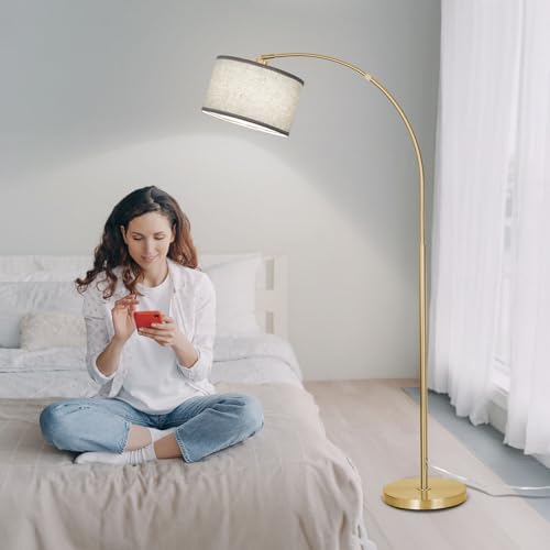 DWTB Gold Arc Floor Lamp for Living Room, Floor Lamp with Adjustable Drum Lampshade, Modern Tall Standing Lamp with Foot Switch, Over Couch Arched Pole Lamps for Reading Bedroom, 8W LED Bulb Included - Image 6