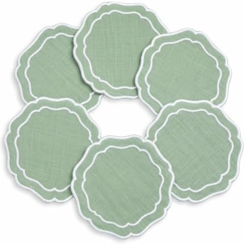 Linen Coasters for Drinks, Set of 6, 4.5 inch, Kiwi by EmbroideryLinenVN
