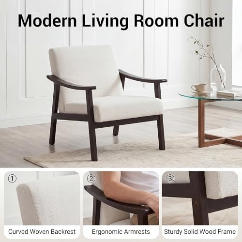 Accent Chair, Mid Century Modern Armchair, Solid Wood Arm Chair, Upholstered Comfy Reading Chair for Living Room, Bedroom, Waiting Room, Beige - Image 4