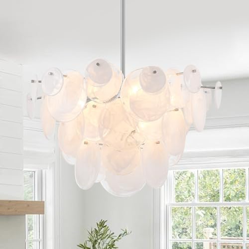 Dia 28 Inch, Modern Glass Chandeliers for Farmhouse, Large Unique Pendant Chandelier for Dining Room Bedroom Entryway Kitchen Foyer, Chrome Finish by VANZARLA