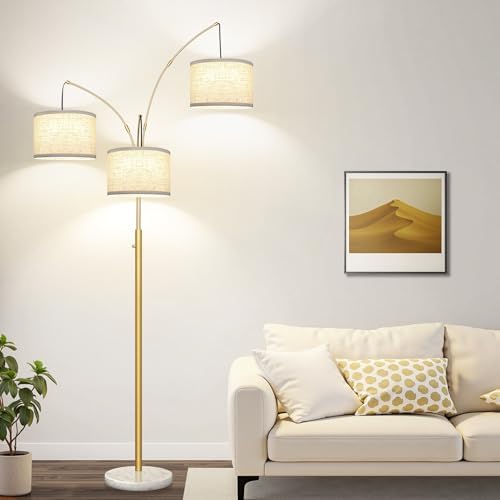 Dimmable Floor Lamp, 3 Lights Gold Arc Floor Lamp, Modern Tall Standing Tree Lamp with White Linen Shades & Marble Base, 3000LM LED Bulbs, Bright Lighting for Living Room, Bedroom, Office & Reading by Nintiue
