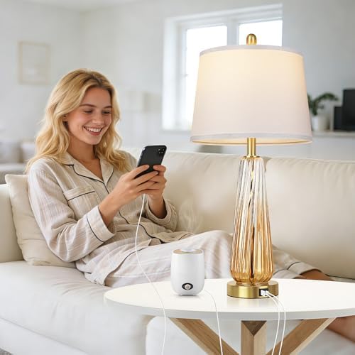 Glass Table Lamps Set of 2, Modern Bedside Lamps for Bedrooms with 3-Way Dimmable Touch Control Nightstand Lamp with White Lampshade USB A+C Ports, 27.5" Large Lamps for Living Room Decor, Champagne - Image 5
