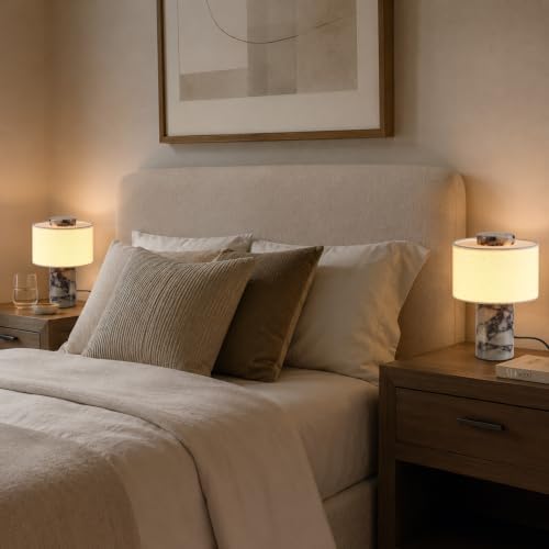 Marble Table Lamp, Natural Stone Touch Control Bedside Lamp with 3 Color Temperatures, Linen Fabric Shade, Modern Nightstand Lamp for Bedroom Living Room, Plug-in - Image 4