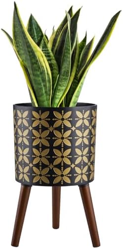 12 Inch Planter Pot with Stand, Planter for Indoor Plants, Drainage Holes and Rubber Plug, Modern Mid-Century Flower Planter Pot for Home Garden Patio, Black and Gold by nacltlo