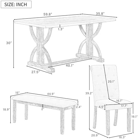 Merax 6-Piece Rustic Farmhouse Kitchen Dining Table Set, Modern 59.8'' Rectangular Dining Table with 4 Upholstered Chairs & 1 Bench for Kitchen Room, Gray Wash+Beige - Image 5