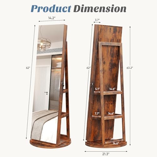 OLIXIS 360° Swivel Jewelry Cabinet with Light, Lockable Full Length Mirror - Image 3
