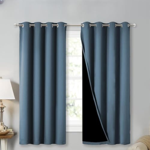 NICETOWN 100% Blackout Curtains 45" Long, Smoky Blue, 1 Pair, 52" Width Each Panel, 2 Thick Layers Completely Blackout Window Treatment Thermal Insulated Lined Drapes for Small Window by NICETOWN