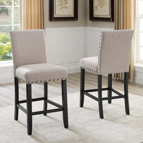 Biony Tan Fabric Counter Height Stools with Nailhead Trim, Set of 2 - Image 2