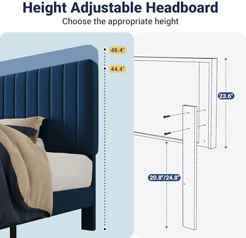 Allewie Twin Bed Frame, Velvet Upholstered Platform Bed with Adjustable Vertical Channel Tufted Headboard, Mattress Foundation with Strong Wooden Slats, Box Spring Optional, Easy Assembly, Navy Blue - Image 6