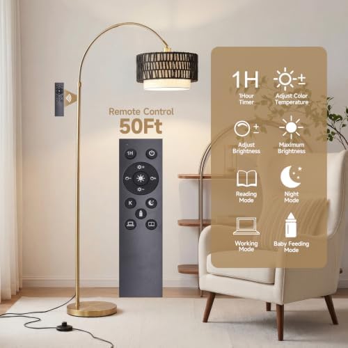 Arc Floor Lamp for Living Room with Remote, 61.5"-72.4" Height Adjust Dimmable LED Floor Lamp with 3 Color Temps, Farmhouse Arched Standing Lamp,Boho Floor Lamp, Arched Floor Lamps for Bedroom, Office - Image 7