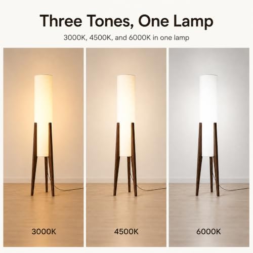 Bofea-Farmhouse Floor Lamp for Living Room & Bedroom,Walnut Wood Vintage Standings Lamp with Foot Switch, 3 Color White Fabric Tall Lamp,Decorative Tower Shade Lamp for Hotel Cafe Study - Image 5