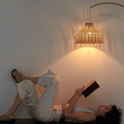 Brightech Lark Arc Lamp for Living Rooms & Offices, Floor Lamp with Unique Hanging Wicker Shade, Standing & Tall for Bedroom Reading, Matches Boho and Other Living Room Decor, Brass - Image 2