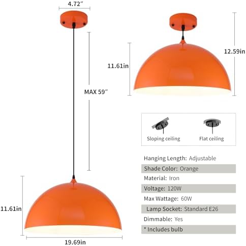 Orange Large Pendant Light 2 Packs,19.7inches, Kitchen Pendant Lights, Oversized Island Pendant Lights, Farmhouse Pendant Light, Pendant Light for Bedroom, Kitchen Island - Image 6