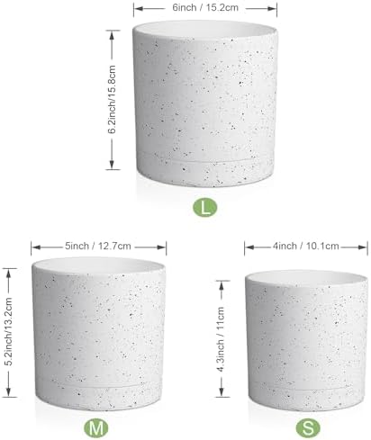 Meowell 6/5/4 inch Plant Pots, 3 Pack Cylinder Flower Pots for Small Indoor Outdoor Plants, Plastic Planters with Drainage Holes and Saucers for Garden Succulent House Plants, Speckled White - Image 2