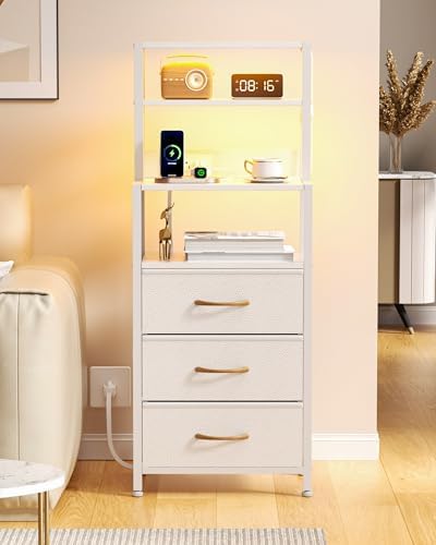 Furnulem Tall Night Stand, White Bedside Nightstand with Charger Station by Furnulem