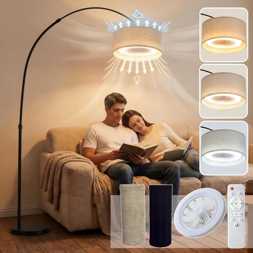 Arc Floor Lamp with Fan Dimmable Standing Lamp with Remote 3 Color Temperatures Adjustable for Living Room Bedroom Bright Reading Lamp with Marble Base by Unknown