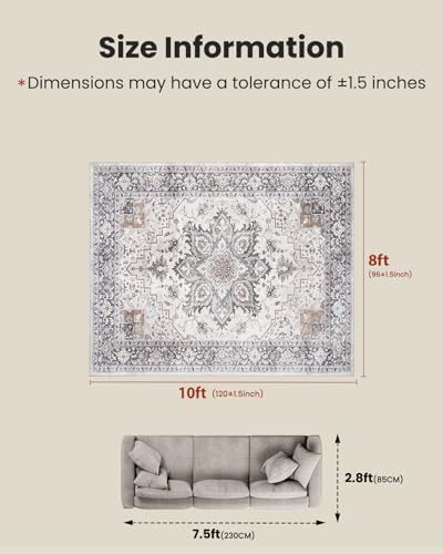 Amada Large 8x10 Washable Area Rug for Living Room, Taupe, Boho Vintage - Image 2
