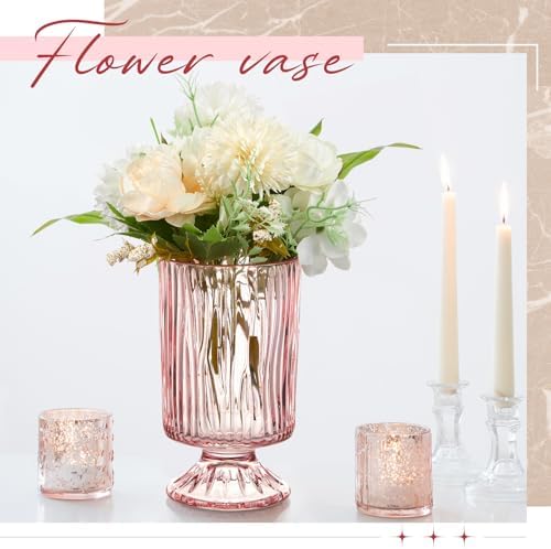 6 Pcs (H:7" W:4") Embossed Flower Vase Pedestal Glass Vase, Pink - Image 5