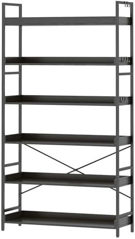 HCHQHS Bookshelf, Adjustable Industrial Bookcase, Vertical Tall Book Shelf, Wood and Black Metal Open Bookshelves for Home Office, Living Room, Bedroom (Black, 6-Tier (31" W x 70" H)) by HCHQHS