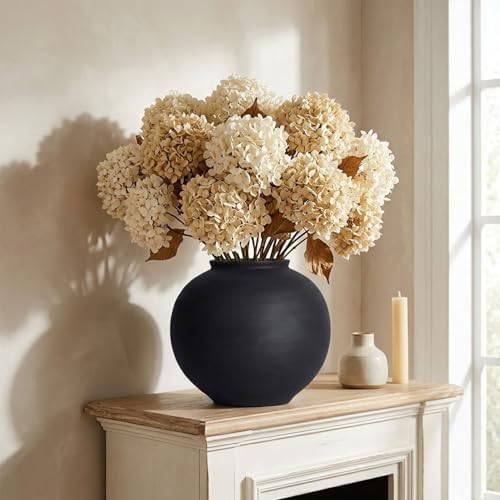 Small Blak Ceramic Vase - 6.1 Inch Small Black Round Vase, Rustic Farmhouse Vase for Home Decor, Dining Table, Shelf, Bedroom, Living Room, Kitchen, Office, Bathroom, Mantle, Centerpiece Décor by QIANLING