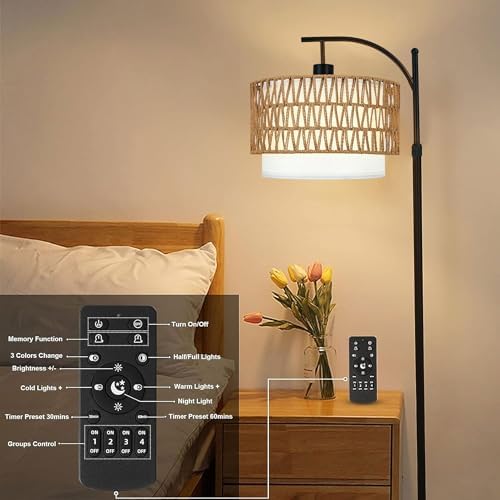 ZECOXOL Arc Floor Lamp with Table and Shelves,Rattan Boho Floor Lamp with Remote Control,Rustic Floor Lamps for Bedroom Wicker Standing Lamp with 3 Color Temperature Tall Lamp for Living Room Corner - Image 7