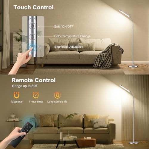 Dimmable LED Floor Lamp, Super Bright Reading Lamps Floor Standing lamp with Remote & Touch Control, Stepless Dimming & 2700K-6500K Color Temperature, for Living Room Bedroom Office, Nickel Plating - Image 5