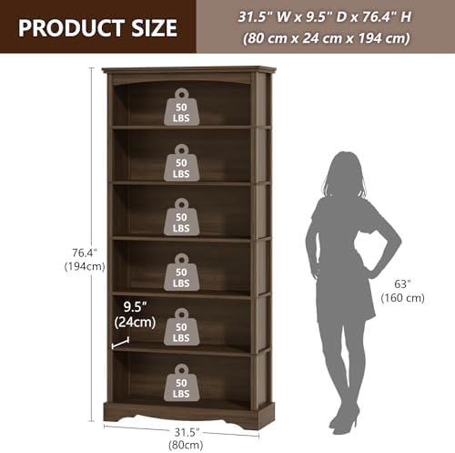 TVU 6-Tier Wooden Bookshelf, 76 Inch Tall Bookshelf with Storage, Floor Standing Modern Style Display Bookcase for Living Room, Office, Study Room, Entryway, Brown - Image 3