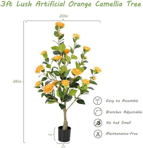 Nafresh 3FT Lush Artificial Orange Camellia Tree Outdoor 2 Pack, 36inch Faux Camellia Plant, Fake Camellia Flowers Tree for Indoor Outdoor Living Room Home Patio Front Door Garden Decor - Image 5