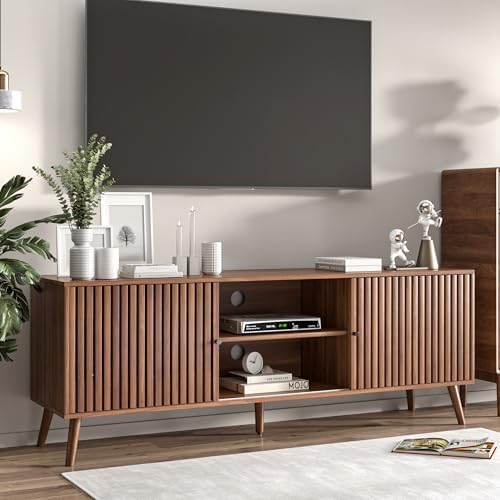 Oubayajia Mid Century Modern TV Stand for Televisions up to 70 Inches, with Sliding Doors and Storage, Television Stands, TV Consoles, Media Consoles for Living Room, 63 Inch (Walnut) by OUBAYAJIA